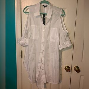 Unique Spectrum Cold Shoulder/Collared Button Down, Size: 2X, Color: White